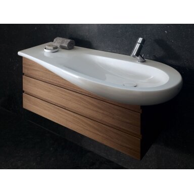 ALESSI ONE baldinis praustuvas 90 x 50/35 cm, su anga maišytuvui, lentynėlė kairėje, baltas su LCC