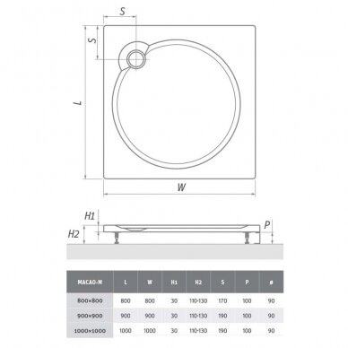 Dušo padėklas MacaoM 900x900mm, baltas 1 Dušo padėklas MacaoM 900x900mm, baltas 1