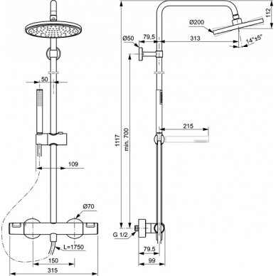 Ideal Standard dušo sistema Idealrain Ceratherm T25, apvali Ø200 mm dušo galva, rankinis dušas "stick", matinė juoda 1