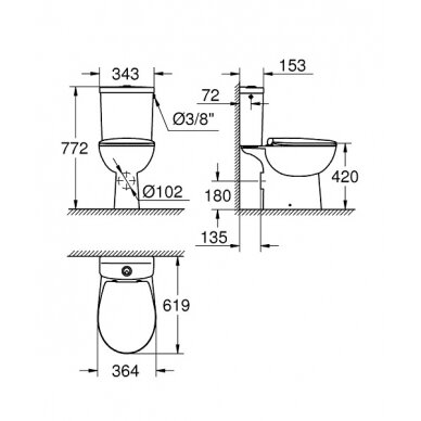 Pastatomas WC puodas Grohe BAU Rimless su bakeliu, dangčiu soft-close, horizontalus išb. 2