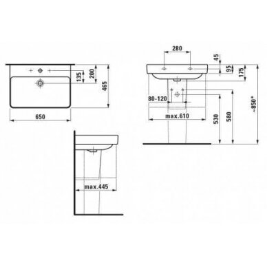 Praustuvas Pro S 650 x 465 mm, su skyle maišytuvui, baltas 1 Praustuvas Pro S 650 x 465 mm, su skyle maišytuvui, baltas 1